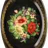 Поднос с художественной росписью "Цветы на черном фоне", овал с фигурным краем, арт. 5023