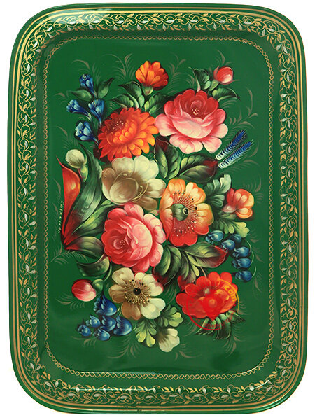 Поднос с росписью "Цветы на зеленом" 38*28 см, арт. А-7.63